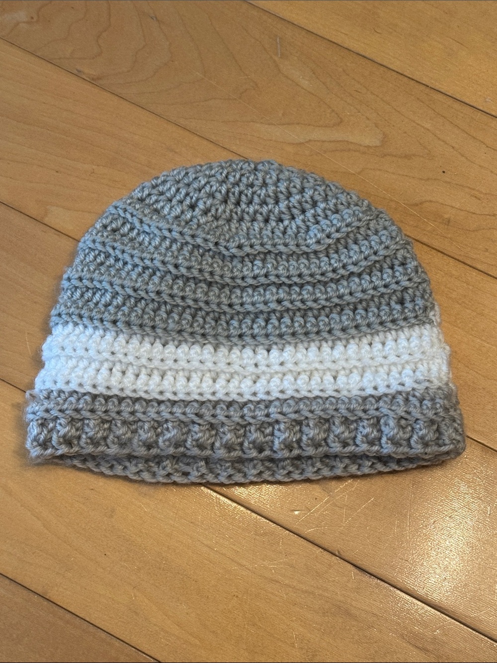 Handmade Crocheted Infant Toddler Beanie Hat in Gray and White